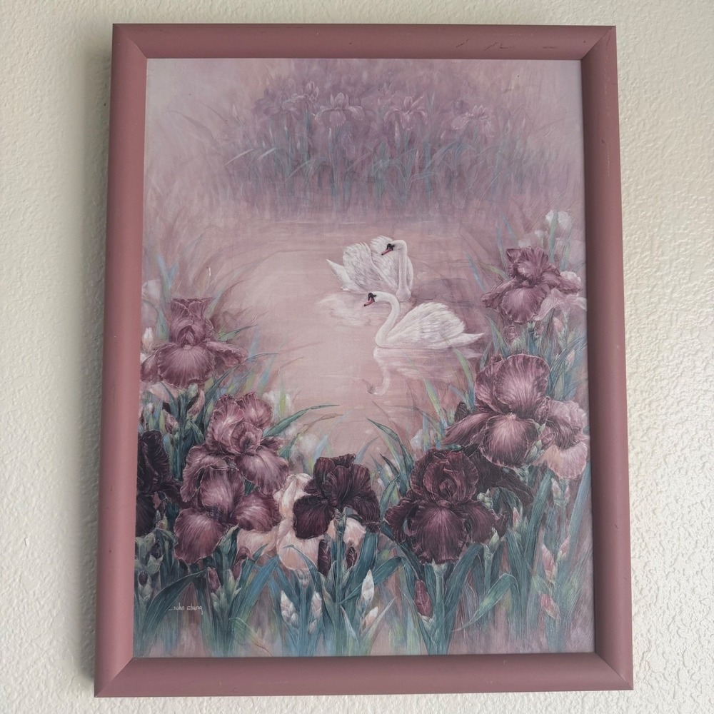 John Cheng Swans Irises Impressionism Lithograph Signed Art Print Framed Pastel